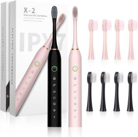 2 Pack Sonic Electric Toothbrush for Adults and Kids, Rechargeable Electric Toothbrushe with 8 Brush Heads, 6 Modes, 2 Minutes Smart Timer (Color: Black+Pink)